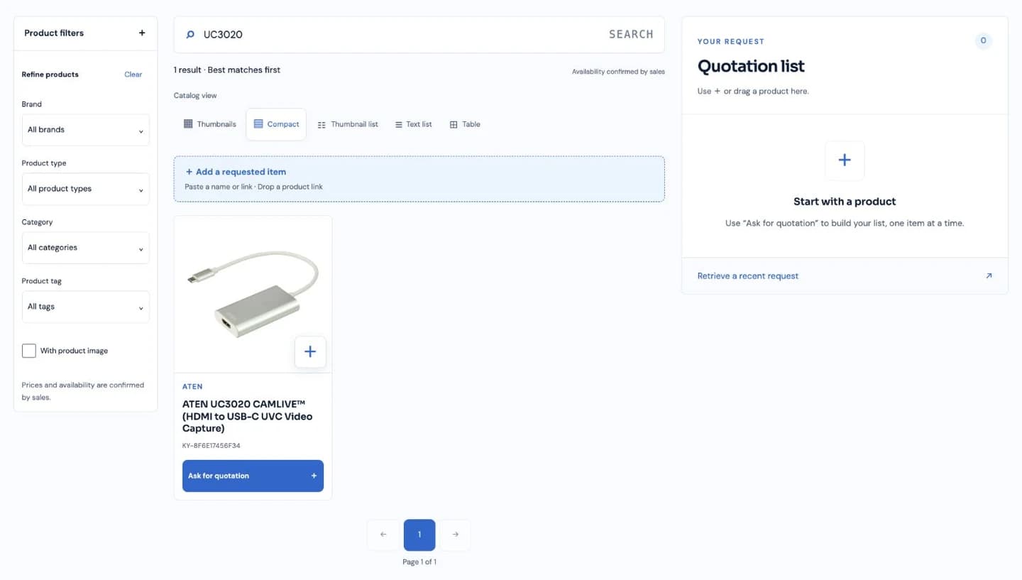 Shop search for UC3020, product filters, and the Ask for quotation button.