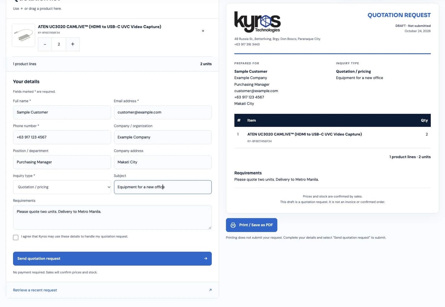 Quotation list with two units, sample contact details, phone, company address, inquiry type, subject, requirements, consent, and the Send quotation request button.