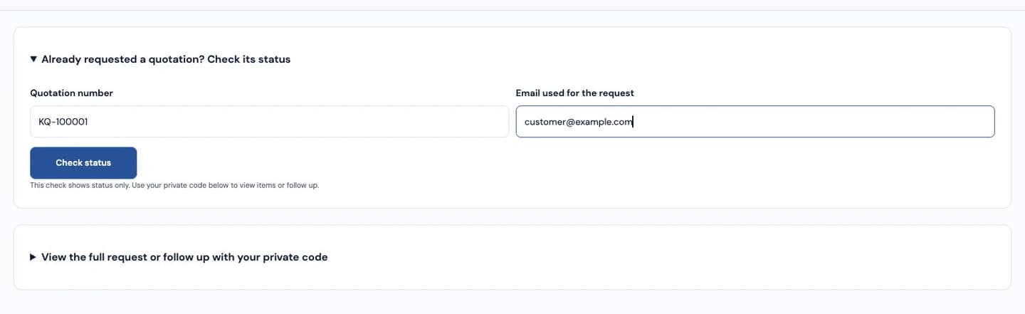 Status form with an example quotation number and email, plus the private-code option for full request details.