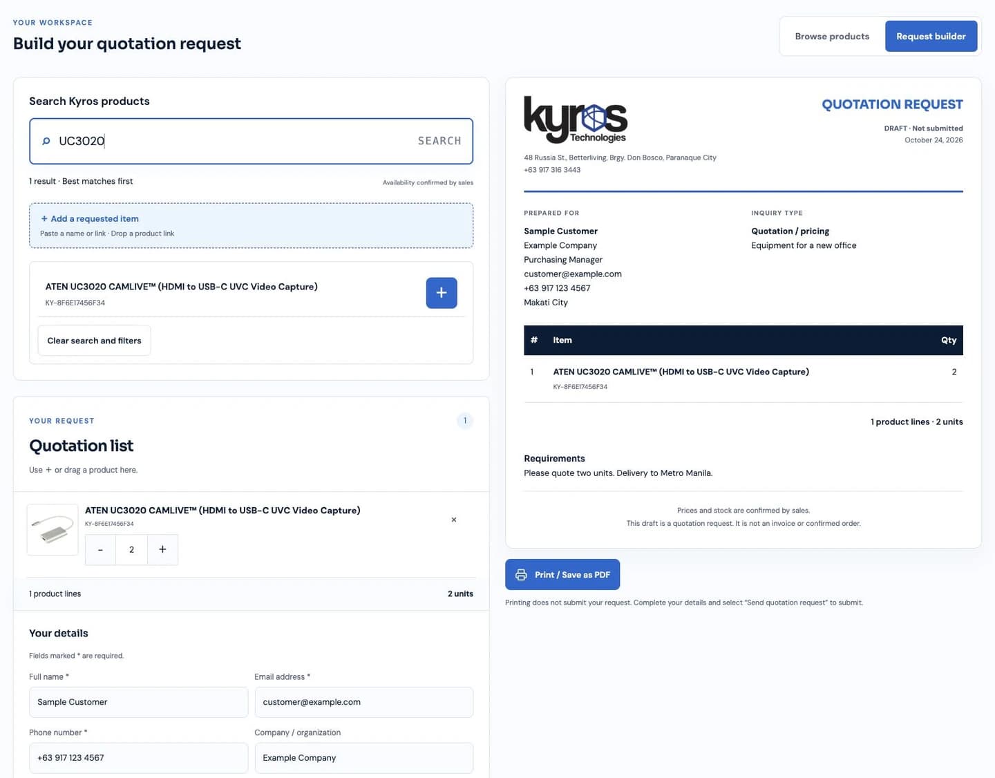 Optional request builder with prominent product search, a selected item, sample customer details, and a live Kyros draft preview.