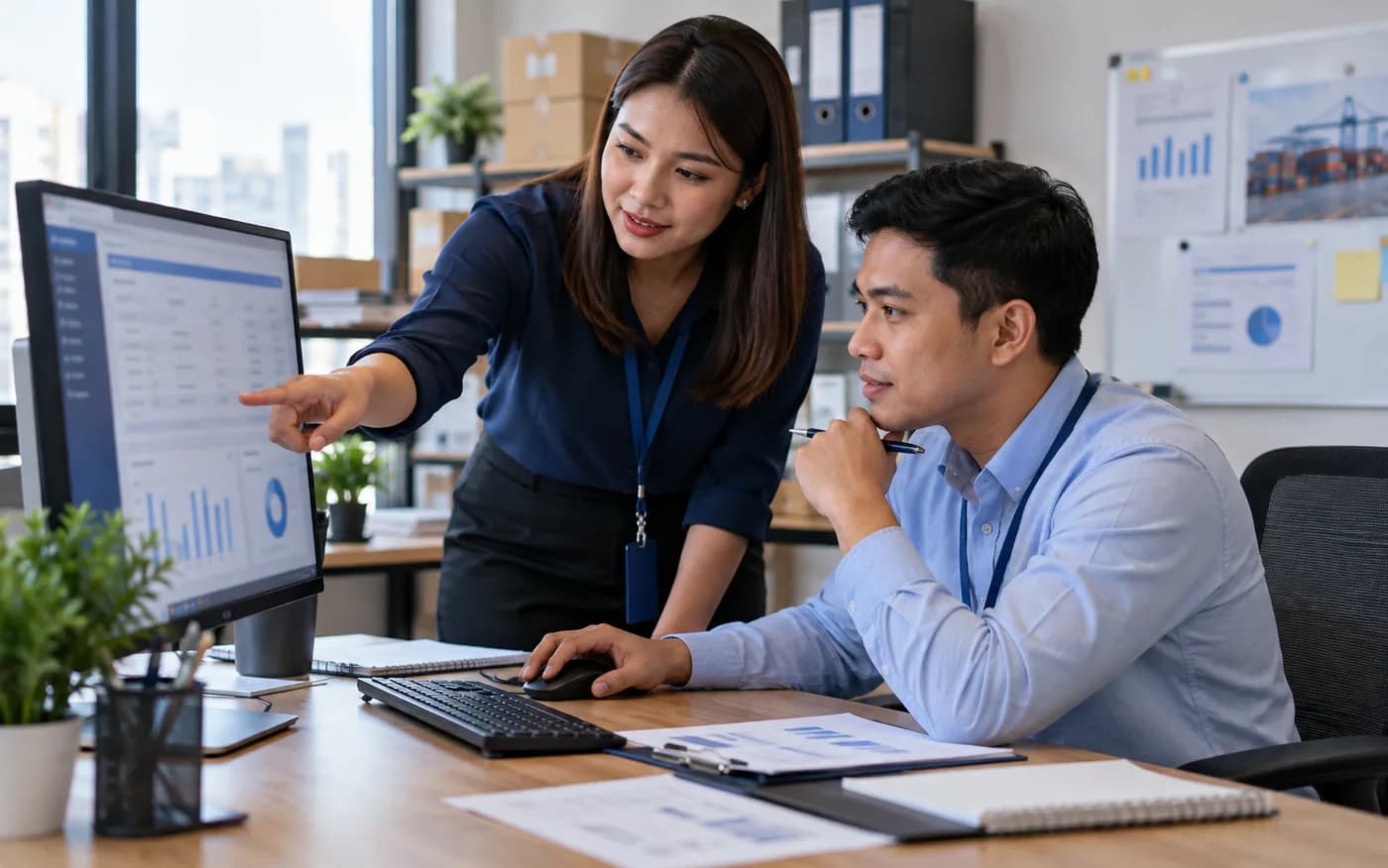 AI-generated illustrative workplace scene for ERP & Business Management; fictional people, not a real client photograph or actual product UI.