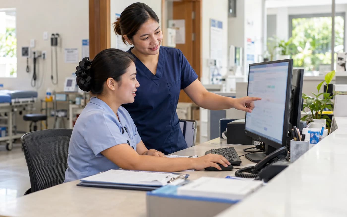 AI-generated illustrative workplace scene for Clinic Management System; fictional people, not a real client photograph or actual product UI.