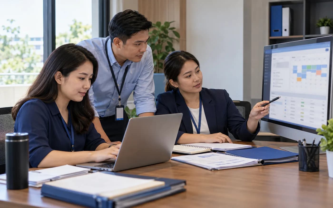 AI-generated illustrative workplace scene for Barangay Platform; fictional people, not a real client photograph or actual product UI.
