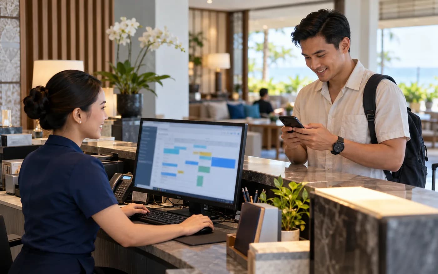 AI-generated illustrative workplace scene for Guest Connectivity Platform; fictional people, not a real client photograph or actual product UI.