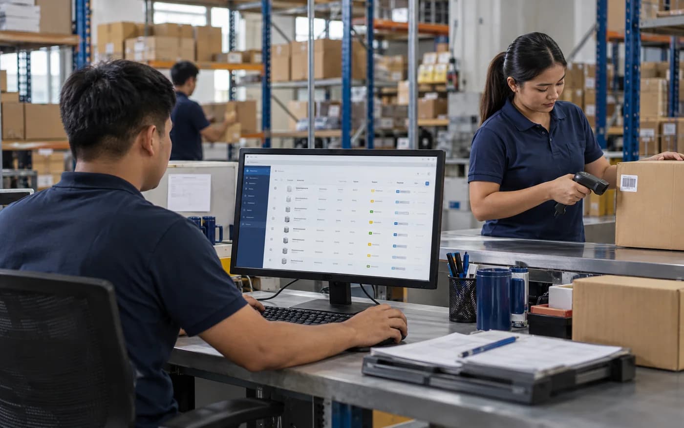 AI-generated illustrative workplace scene for Inventory Management System; fictional people, not a real client photograph or actual product UI.