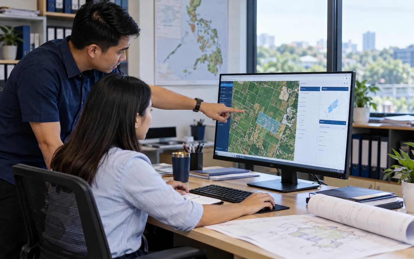 AI-generated illustrative workplace scene for Land Management System; fictional people, not a real client photograph or actual product UI.