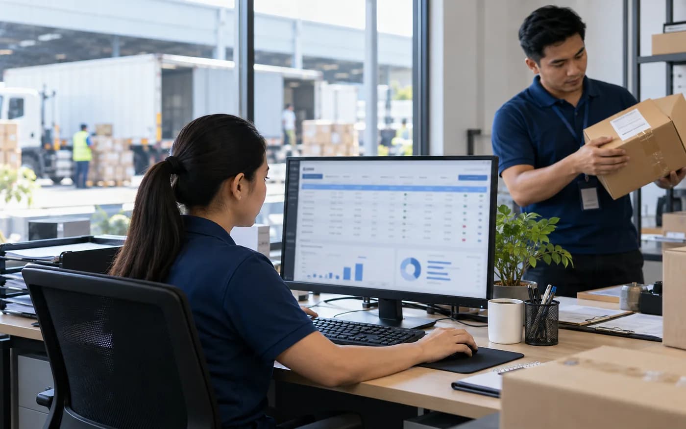 AI-generated illustrative workplace scene for Shipment Profitability System; fictional people, not a real client photograph or actual product UI.