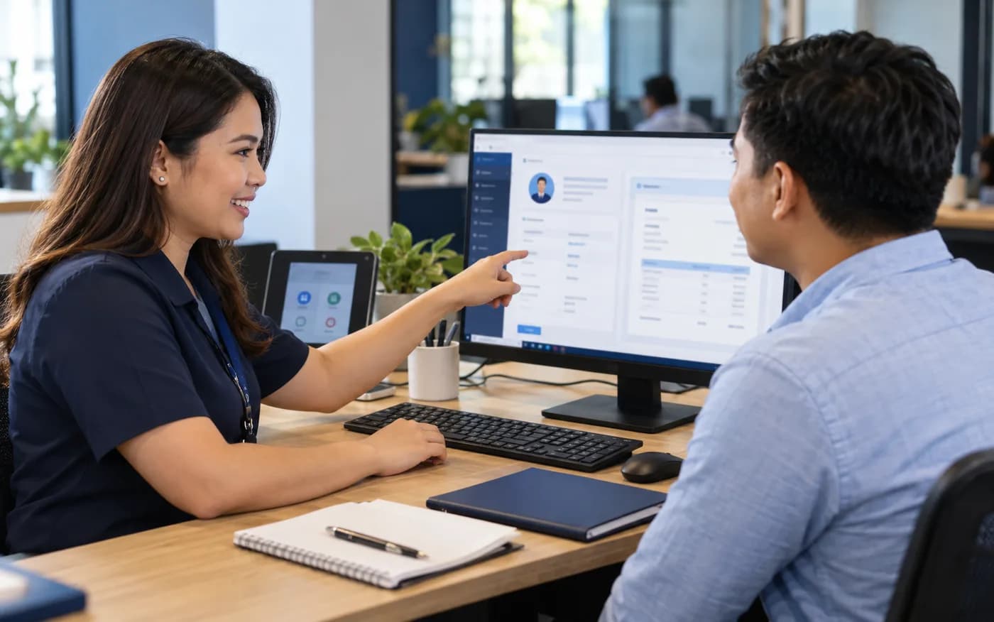 AI-generated illustrative workplace scene for HR Information System; fictional people, not a real client photograph or actual product UI.