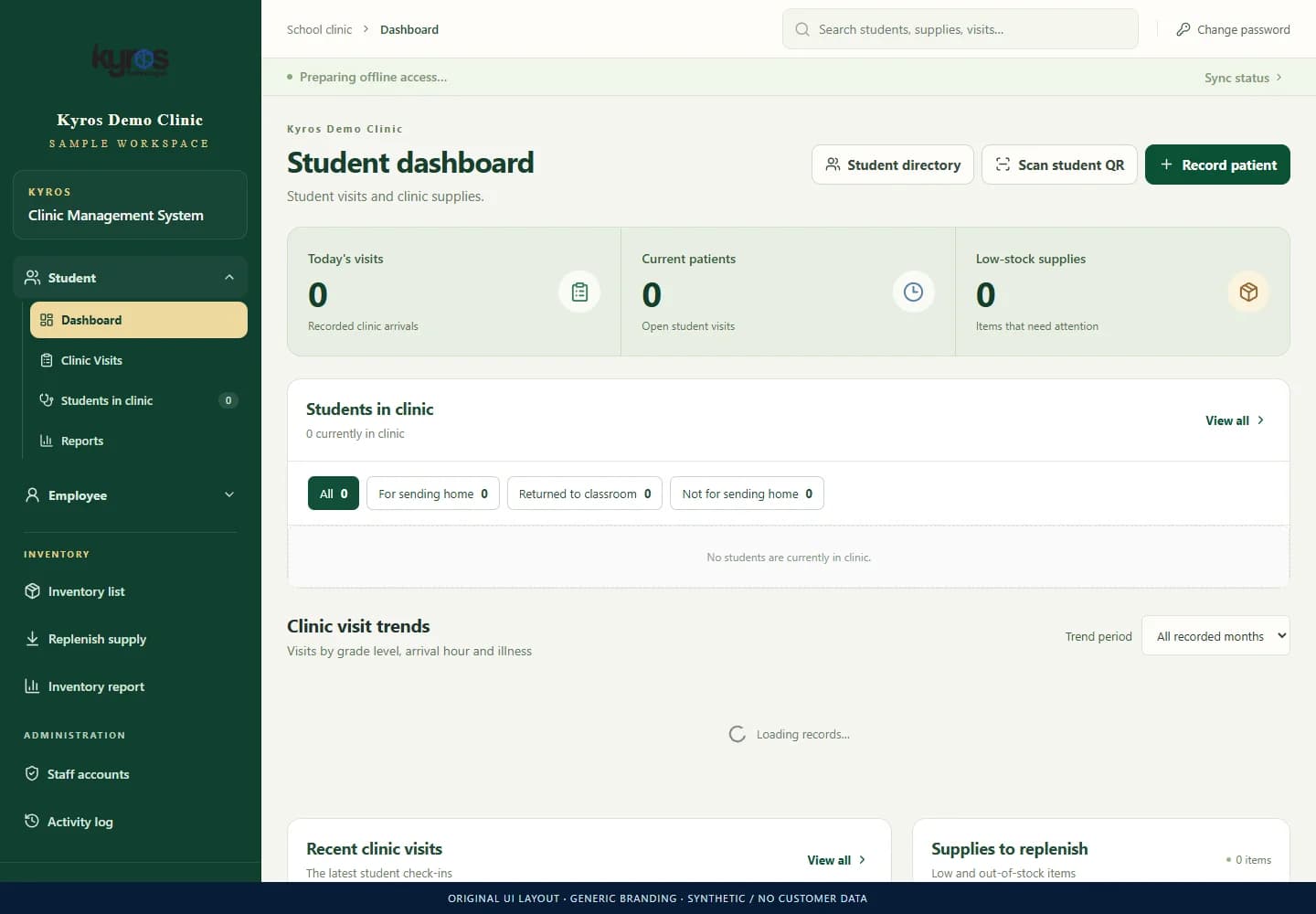 Clinic Management System: Actual dashboard layout · synthetic empty data. No client records.
