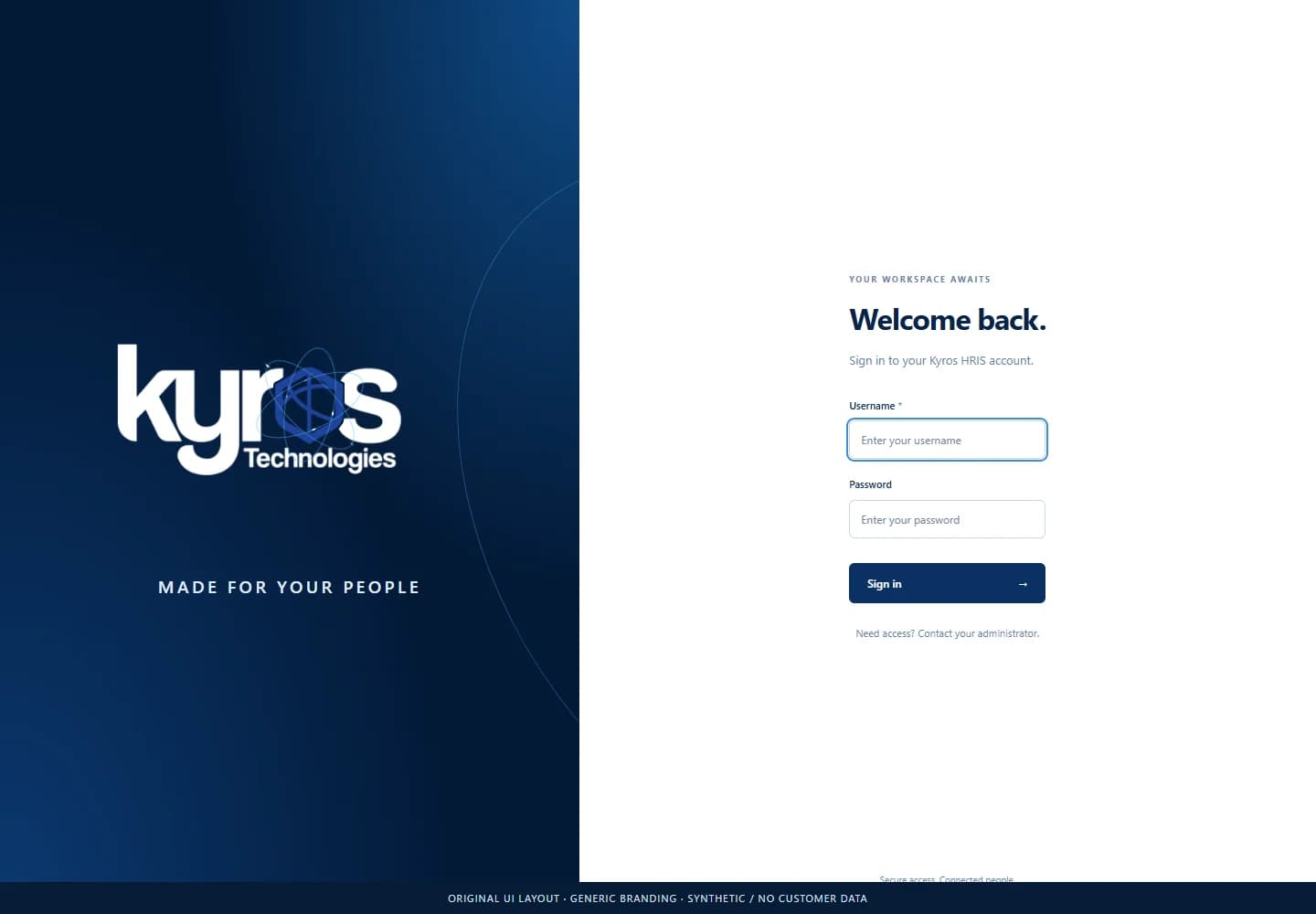 HR Information System: Actual sign-in layout. No client records.