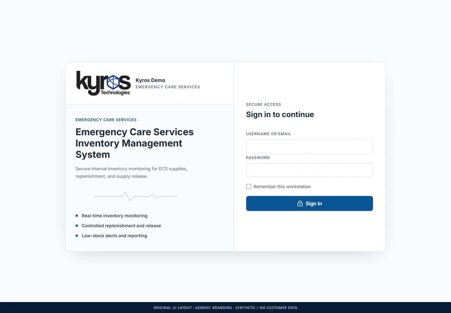 Inventory Management System: Actual sign-in layout · generic branding. No client records.