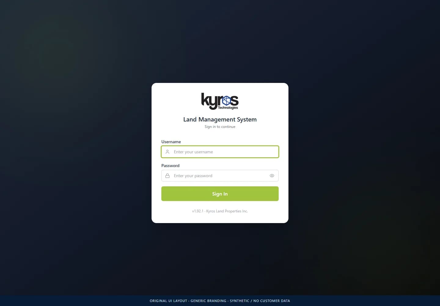 Land Management System: Actual sign-in layout · generic branding. No client records.