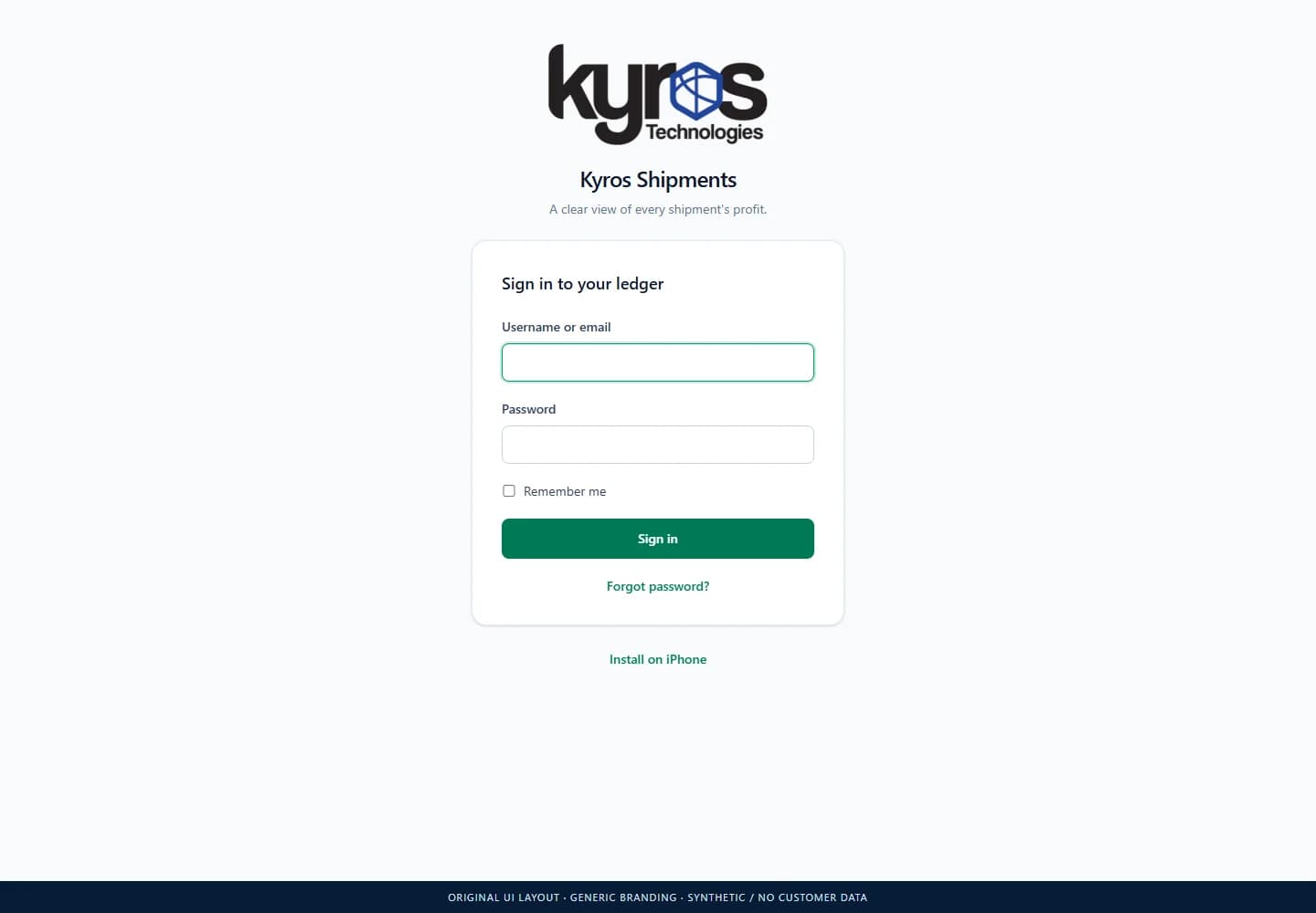 Shipment Profitability System: Actual sign-in layout · generic branding. No client records.