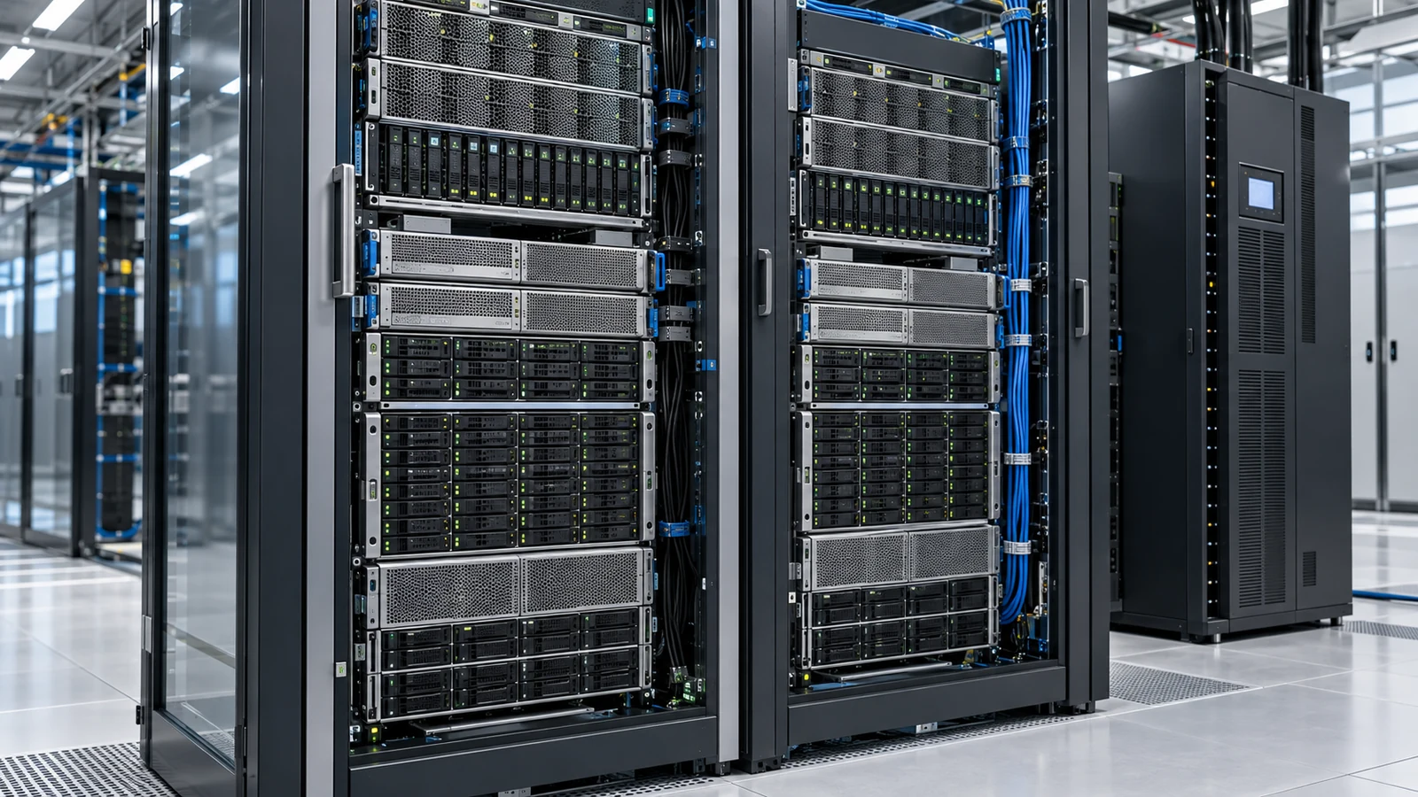 Illustration of redundant enterprise storage racks with structured routing and backup power equipment