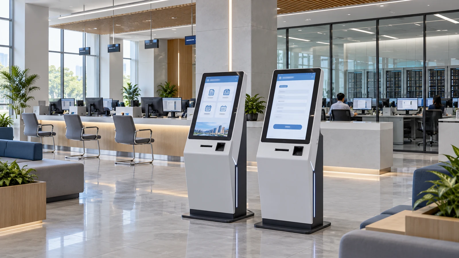 Illustration of a digital citizen-service centre with accessible kiosks and connected transaction desks