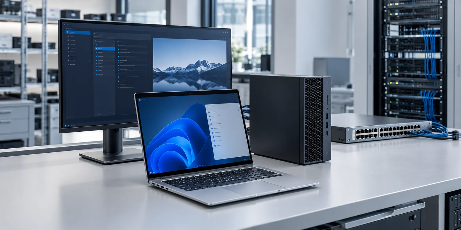 Illustrative business device deployment lab with a laptop, workstation, desktop and network switch