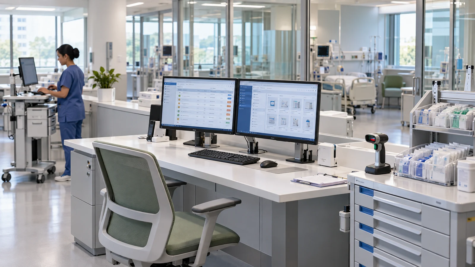 Illustration of connected clinical workstations, inventory equipment and hospital operations