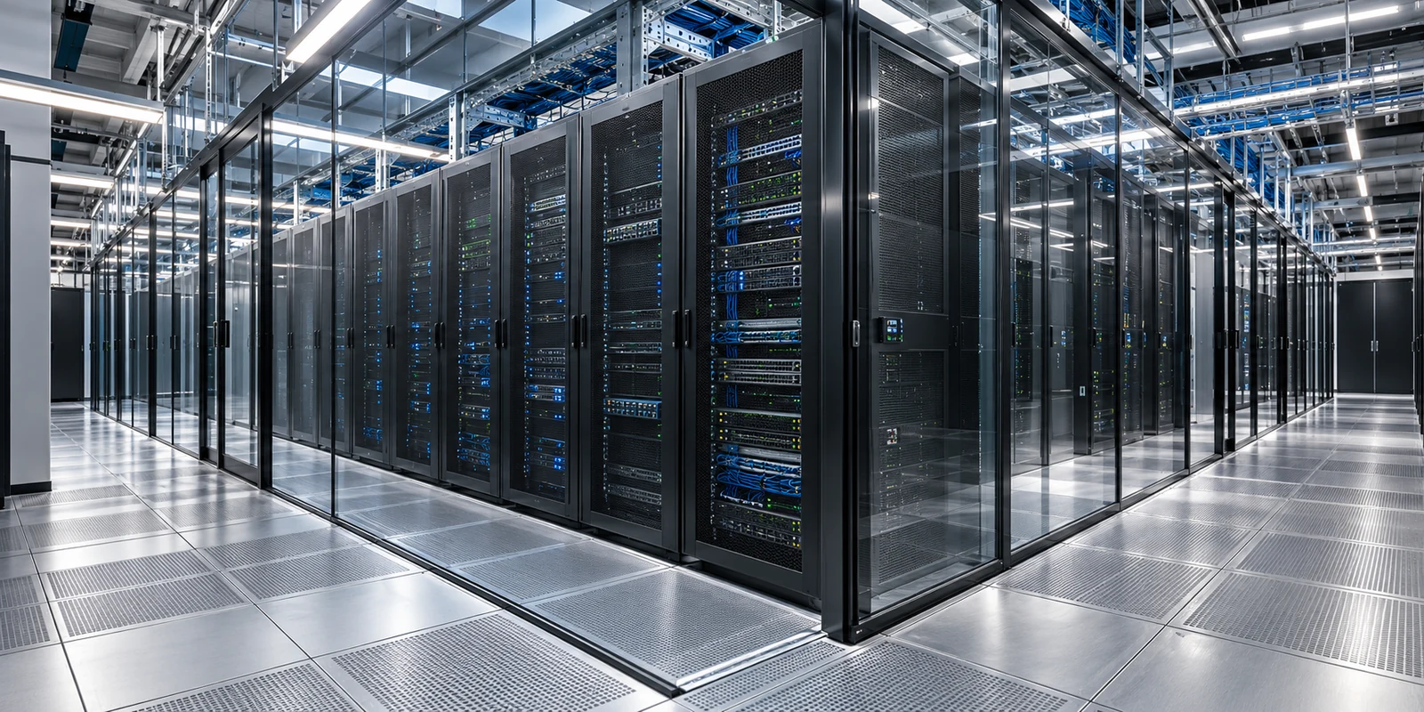 Illustration of operational enterprise racks with glass aisle containment and organised fibre routing