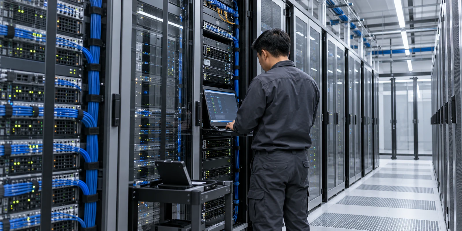 Illustrative infrastructure engineer checking equipment in a clean enterprise rack aisle