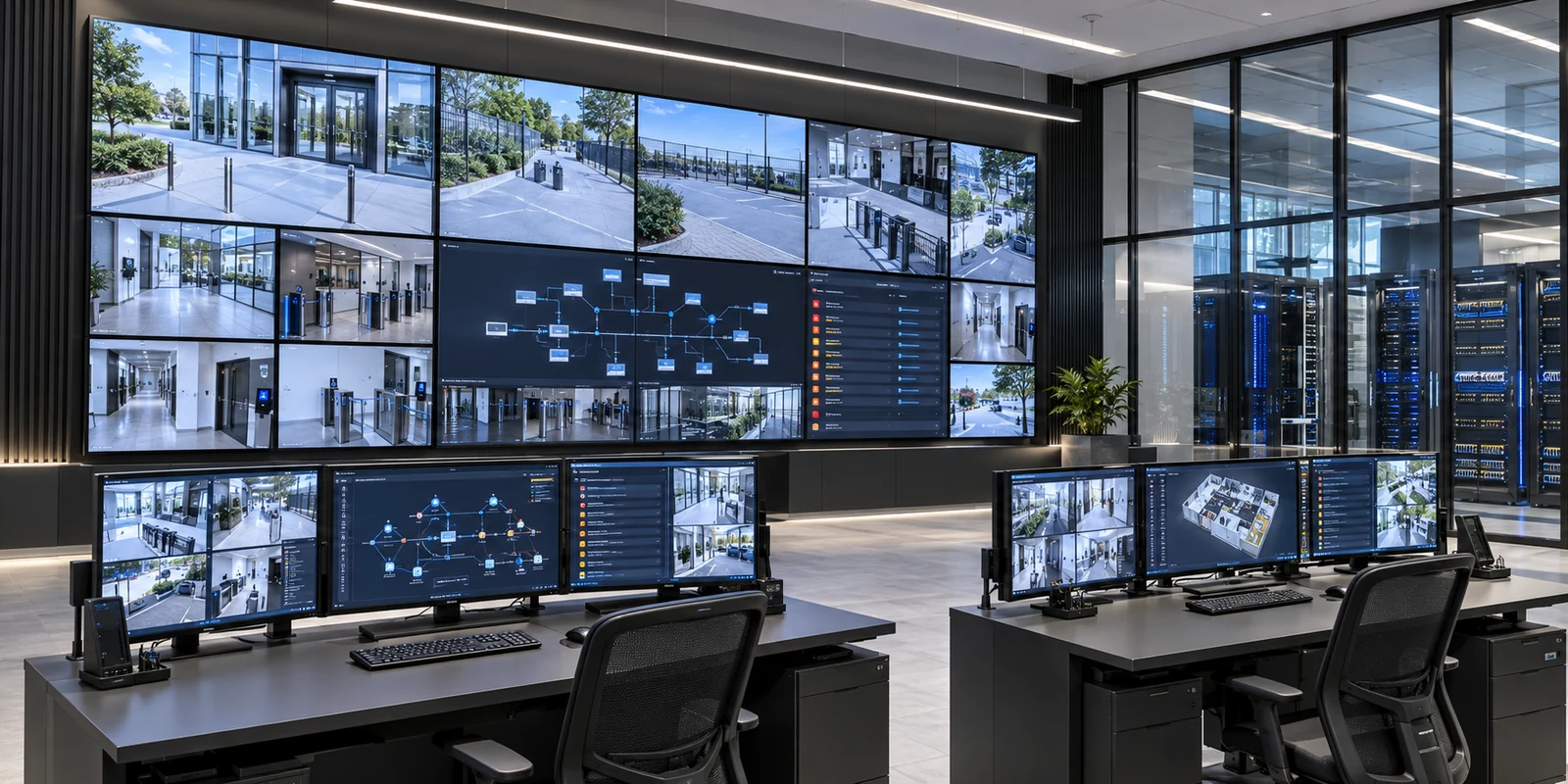 Illustration of an integrated security command centre with site surveillance and network monitoring
