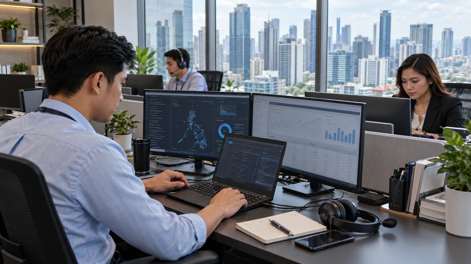 AI-generated illustration of Filipino operations staff using business laptops, dual monitors and headsets