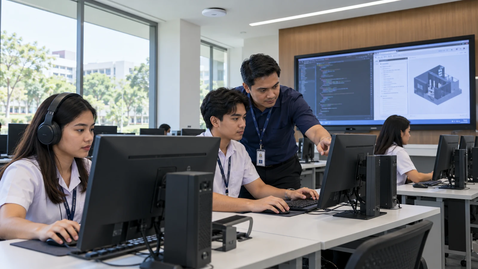 AI-generated illustration of Filipino university students using workstations, a headset and a classroom display