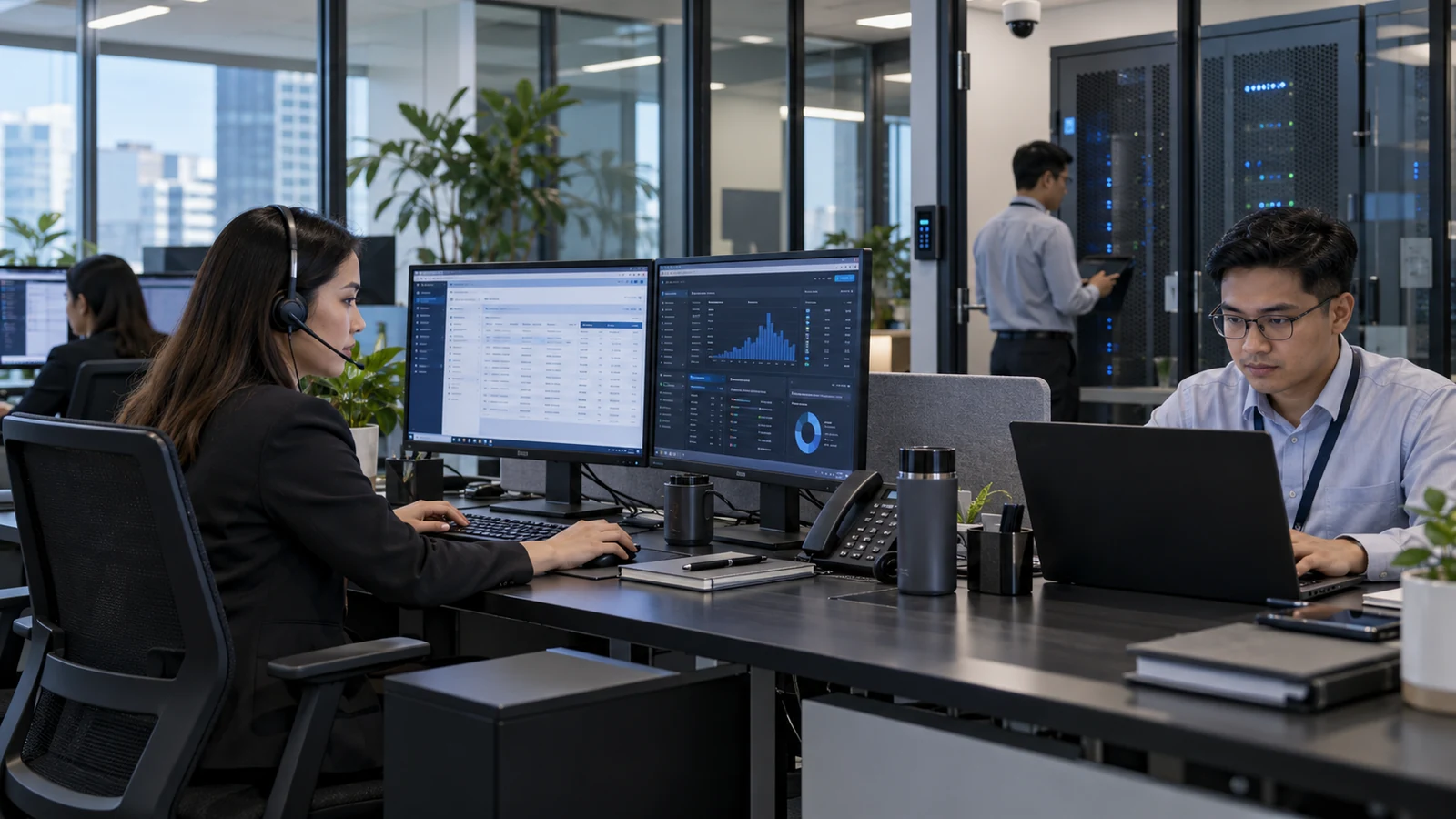AI-generated illustration of Filipino financial services staff using workstations, business laptops and headsets