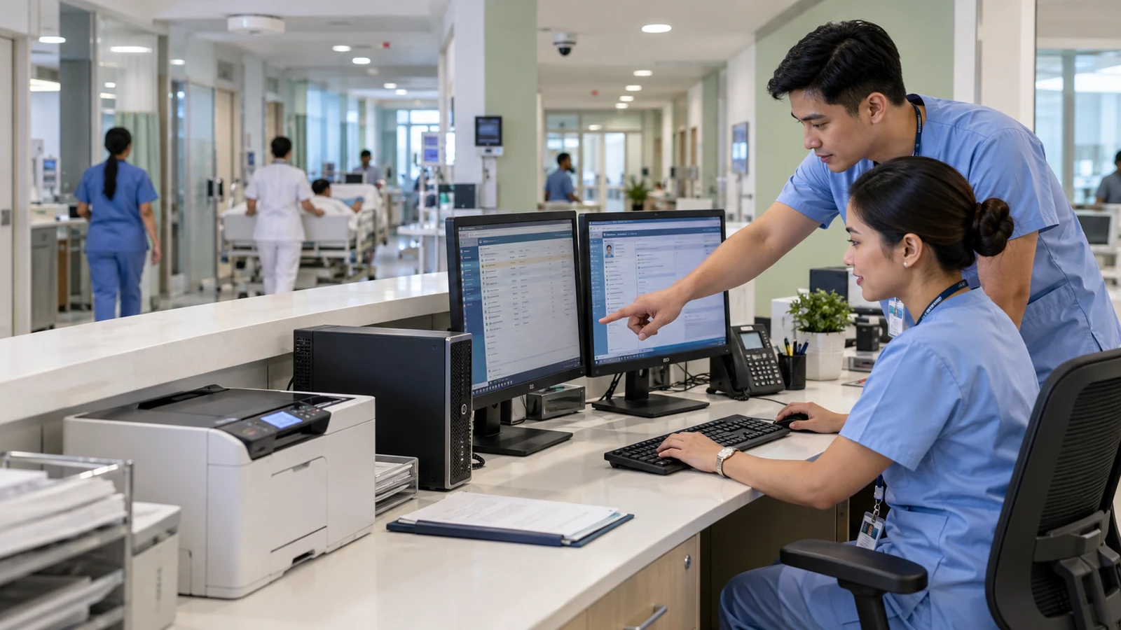 AI-generated illustration of Filipino clinicians using hospital workstations and a document printer