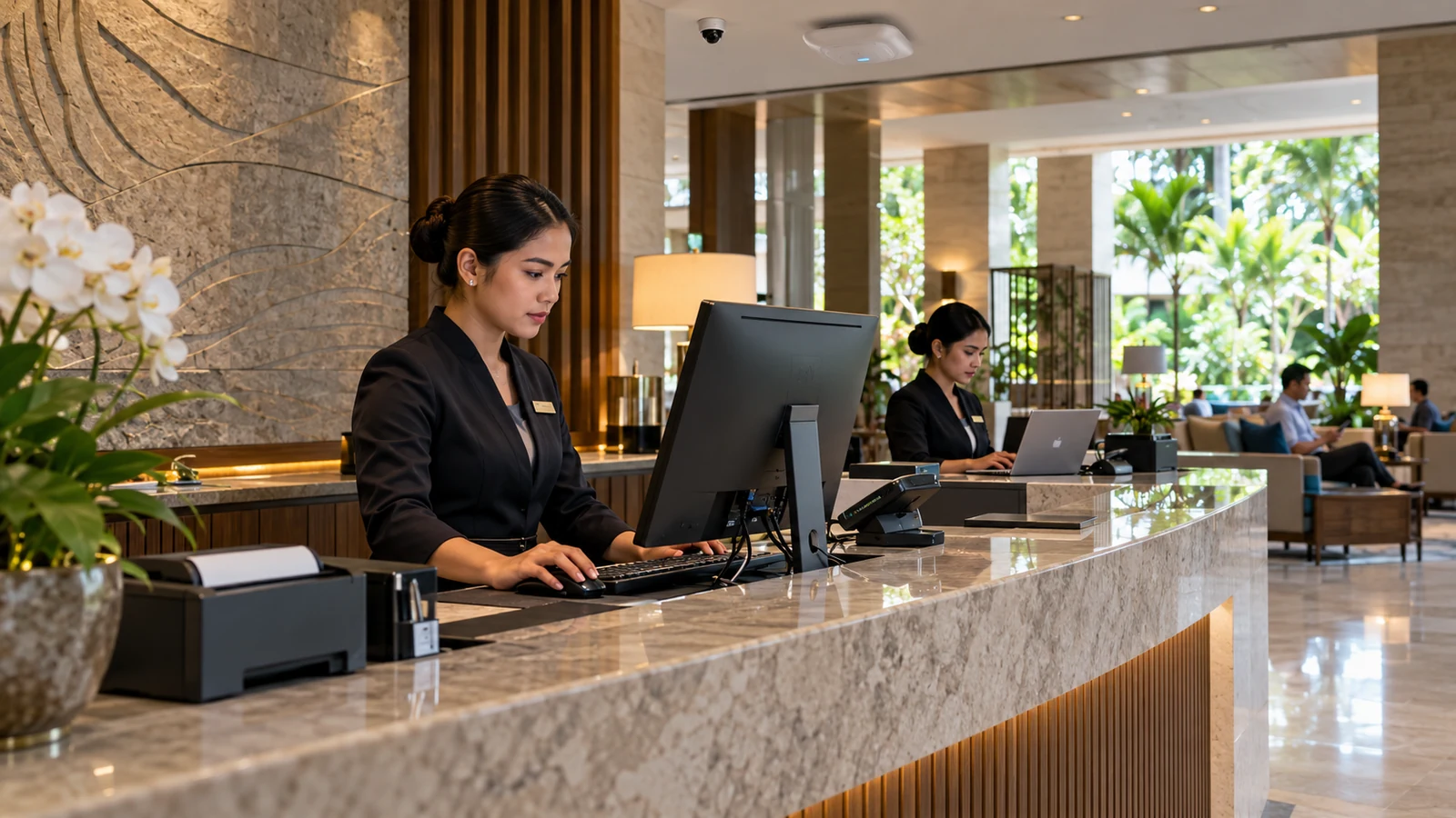 AI-generated illustration of Filipino hotel staff using reception workstations and laptops with Wi-Fi and CCTV installed