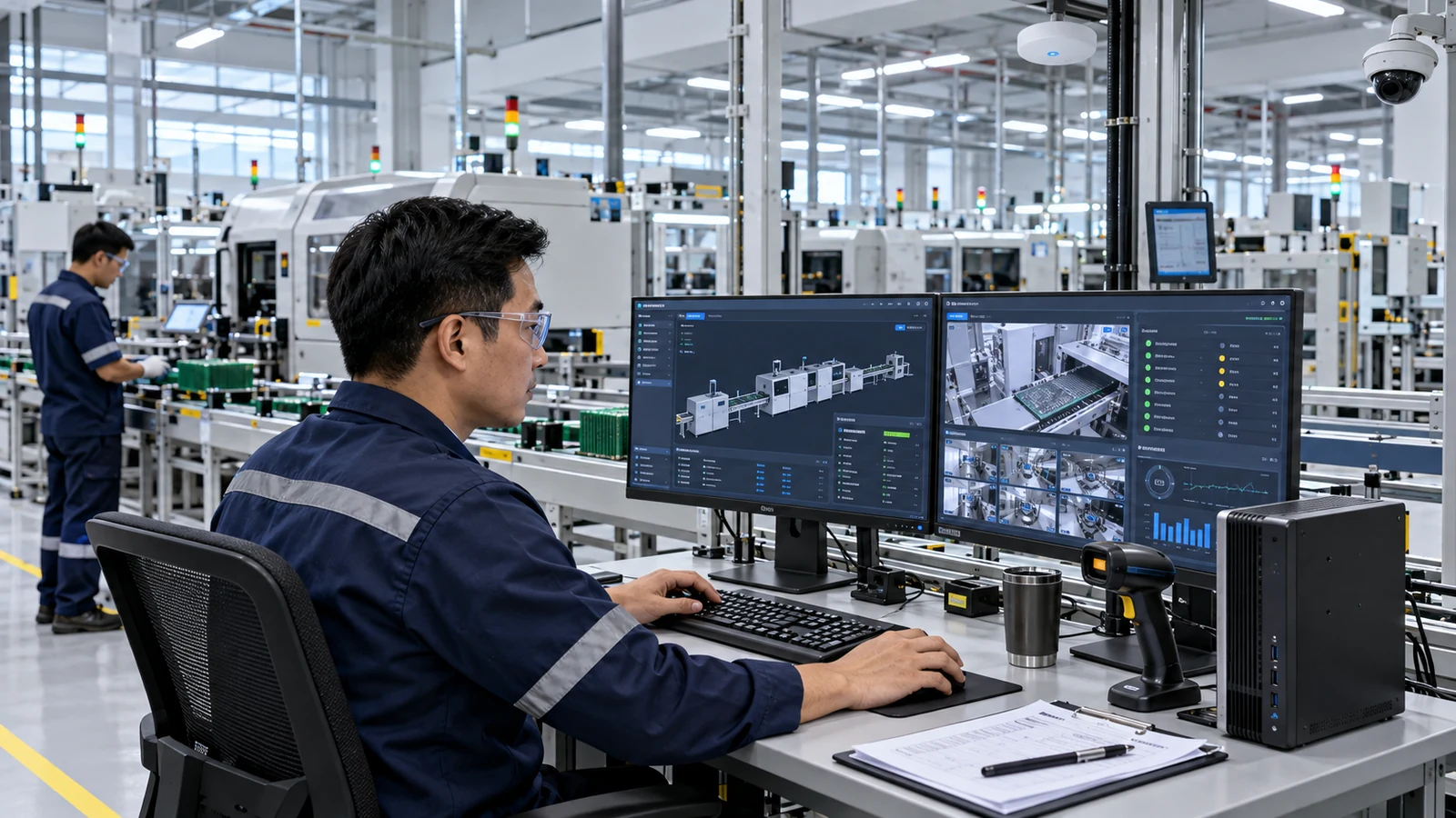 AI-generated illustration of Filipino engineers monitoring production with workstations and site technology