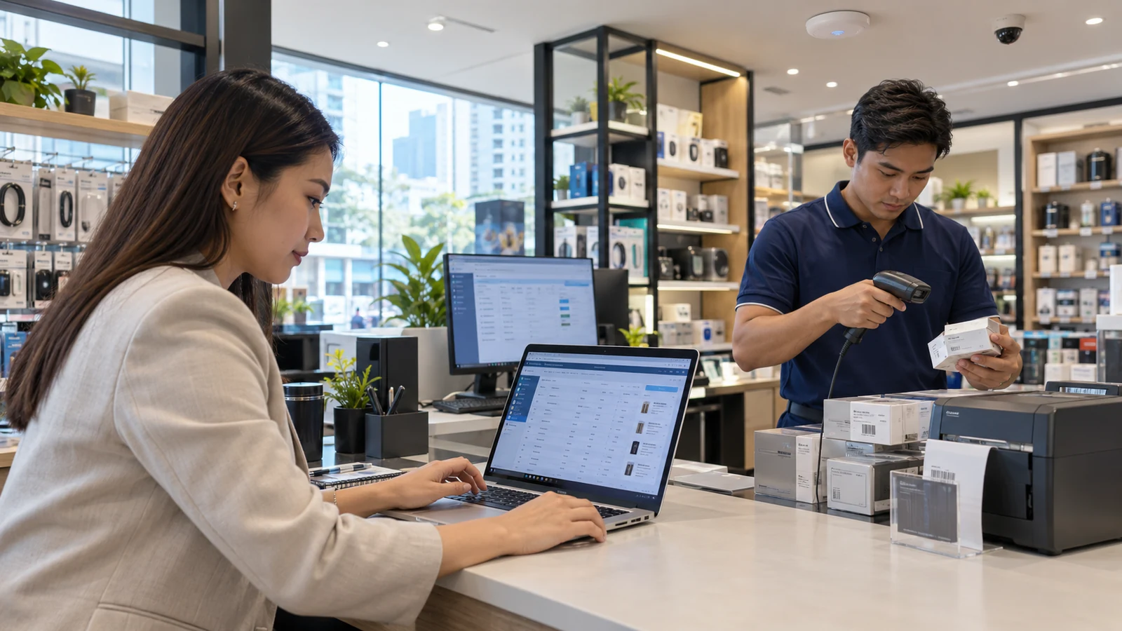 AI-generated illustration of Filipino retail staff checking inventory using a laptop, scanner and office printer