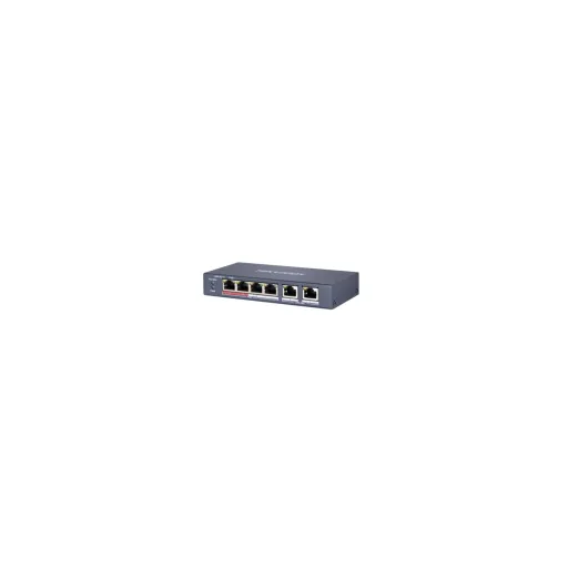Hikvision DS-3E0106P-E/M(B) — L2, Unmanaged, 4 10/100M RJ45 PoE ports, 2 10/100M RJ45 uplink port, 802.3af/at, PoE power budget 45W, max. 300m long di