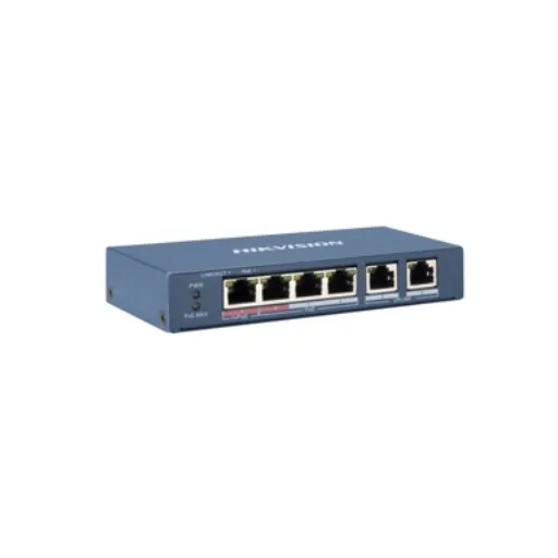 Hikvision DS-3E0106HP-E — L2, Unmanaged, 4 10/100M RJ45 PoE ports, 2 10/100M RJ45 uplink ports, 802.3af/at/bt, port 1 support Hi-PoE 60w, PoE powe