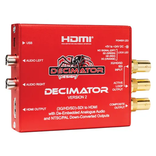 Decimator Design DECIMATOR 2 Miniature (3G/HD/SD)-SDI to both HDMI and NTSC/PAL with simultaneous scaling on both outputs and De-embedded Analogue Audio
