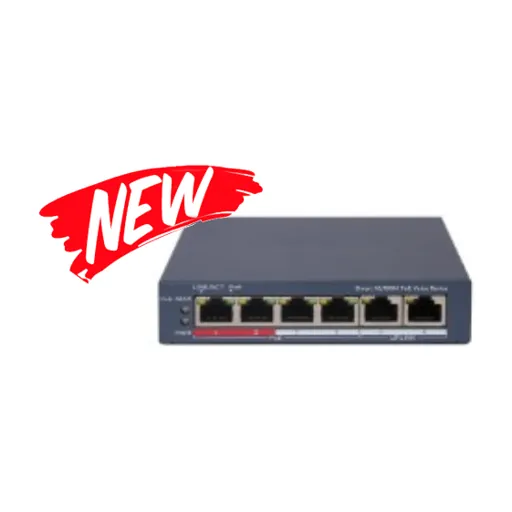 Hikvision DS-3E1106HP-EI — L2, Smart Managed, 4 10/100M RJ45 PoE ports, 2 10/100M RJ45 port, 802.3af/at/bt, PoE power budget 60W, Max. 300 meter lo