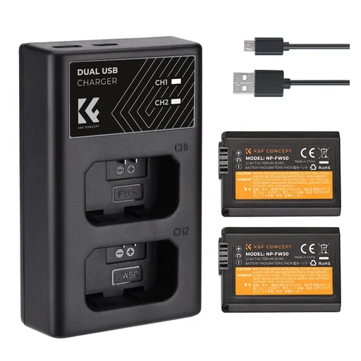 K&F Concept NP-FW50 Replacement Battery 2 Pack and Charger for Sony A6000, A6500, A6300, A6400, A7, A7II, A7RII, A7SII, A7S, A7S2, A7R, A7R2, A55, A5100, RX10