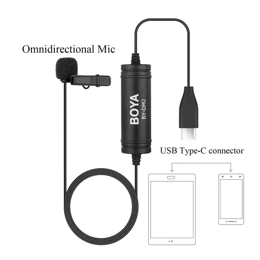 Boya DM2 Broadcast-Quality Omnidirectional Lavalier Microphone Clip-on Lapel Mic Compatible with USB Type-C Devices