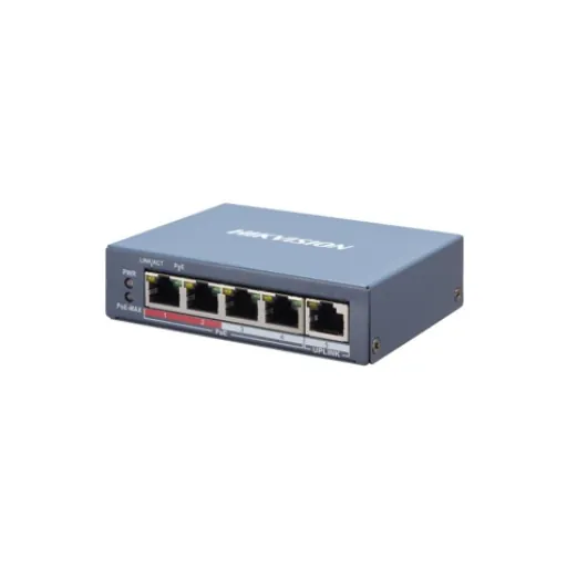 Hikvision DS-3E1105P-EI — L2, Smart Managed, 4 10/100M RJ45 PoE ports, 1 10/100M RJ45 port, 802.3af/at, PoE budget 60W, Max. 300 meter PoE transmi