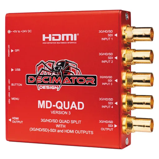 Decimator Design MD-QUAD V3 1 to 4 Channel Multi-Viewer / Quad-Split with SDI and HDMI outputs for 3G/HD/SD and Custom Layouts