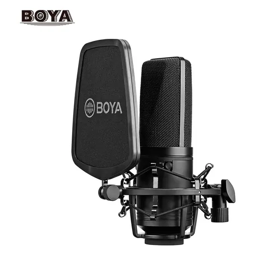 Boya BY-M1000 Condenser Microphone Podcast Mic Kit Support Omnidirectional/Bidirectional with Double-layer Pop Filter Shock Mount XLR Cable